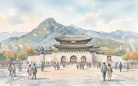 Aquarellillustration des Wahrzeichens Gwanghwamun in Seoul Sudkorea, weiche Farbverläufe und pastelliges Reiseposter-Feeling - Foto: THN
