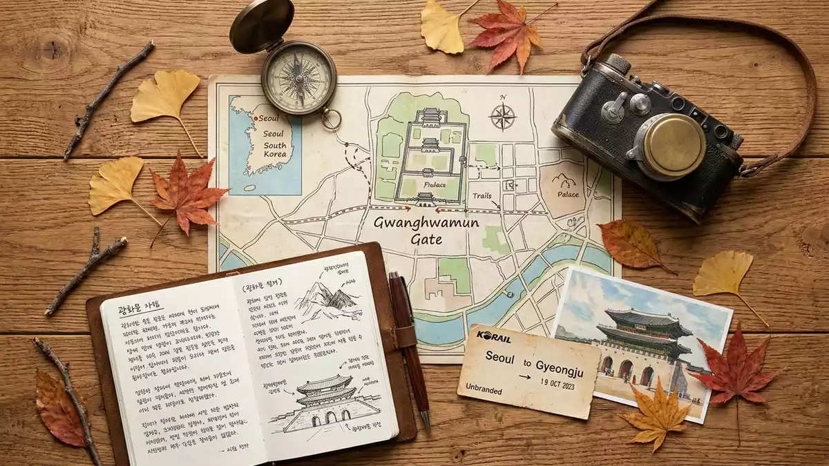 Flatlay-Reise-Arrangement rund um Gwanghwamun in Seoul, Sudkorea