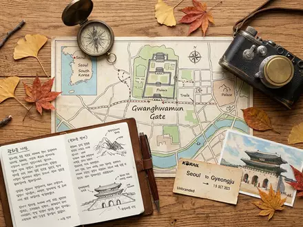 Flatlay-Reise-Arrangement rund um Gwanghwamun in Seoul Sudkorea, Karte Kompass Kamera und generische Reiserequisiten - Foto: THN