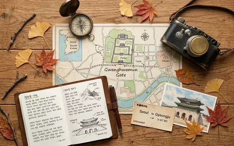 Flatlay-Reise-Arrangement rund um Gwanghwamun in Seoul Sudkorea, Karte Kompass Kamera und generische Reiserequisiten - Foto: THN