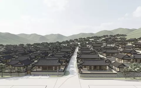 Moderner Architektur-Render zeigt Silhouette von Jeonju Hanok Village in Jeonju Sudkorea, klare Linien und neutrales - Foto: THN