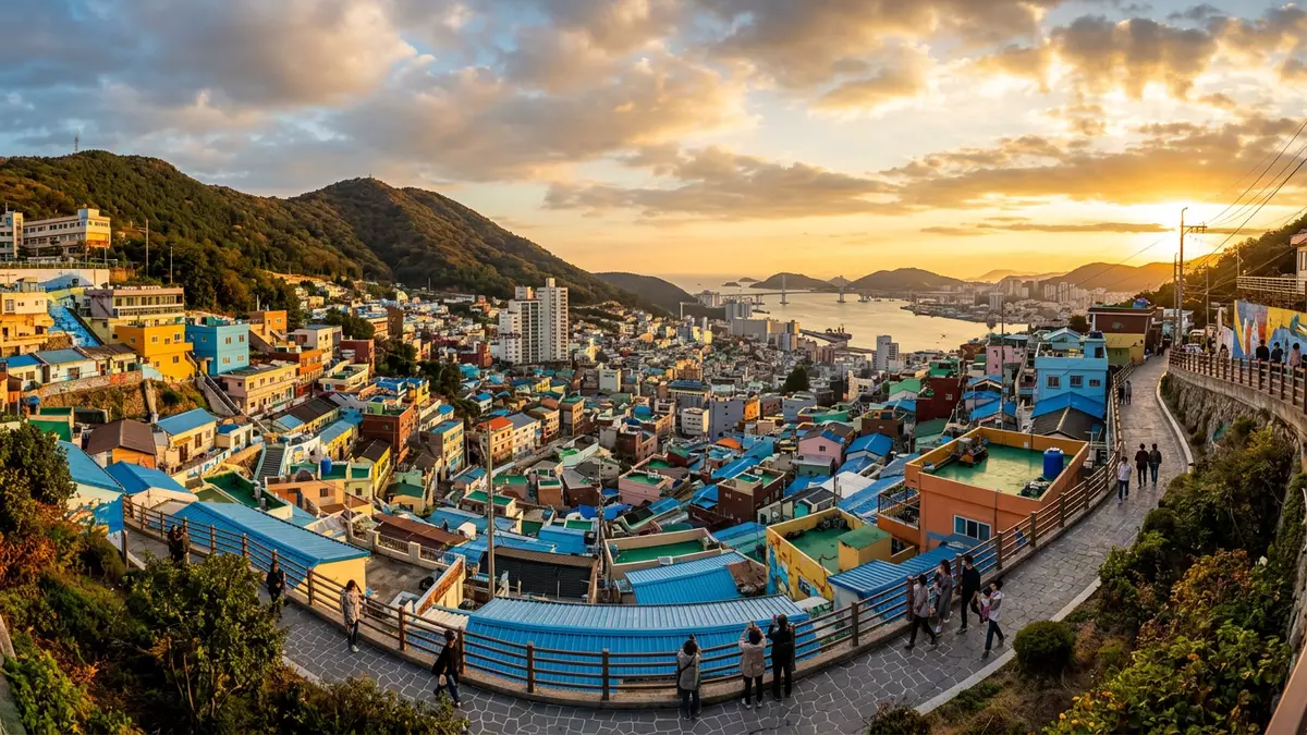 Fotorealistische Ansicht von Gamcheon Culture Village in Busan, Sudkorea im Abendlicht