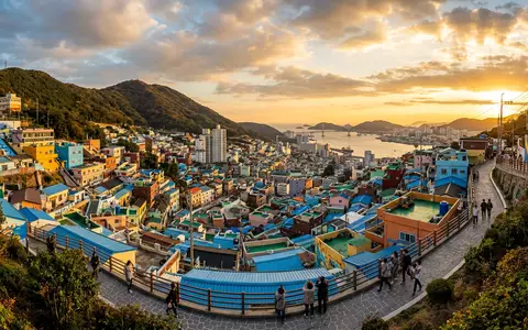 Fotorealistische Panoramaaufnahme von Gamcheon Culture Village in Busan Sudkorea, warmes Abendlicht auf Wahrzeichen - Foto: THN
