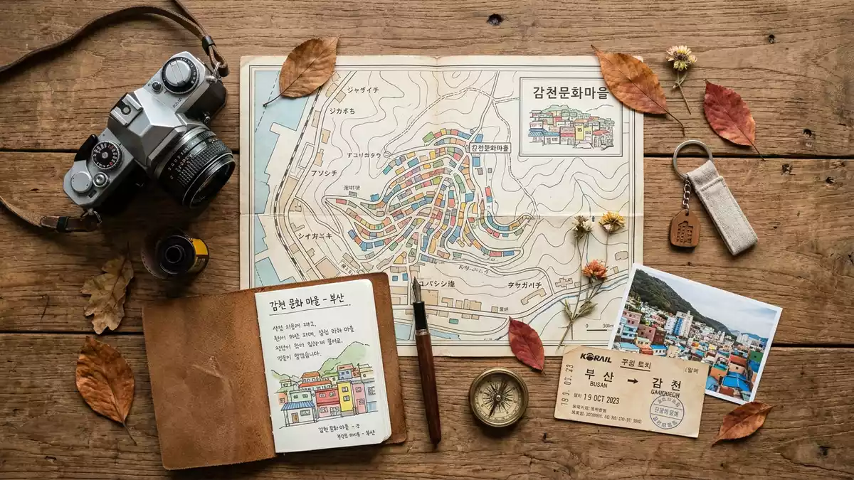Flatlay-Reise-Arrangement rund um Gamcheon Culture Village in Busan, Sudkorea