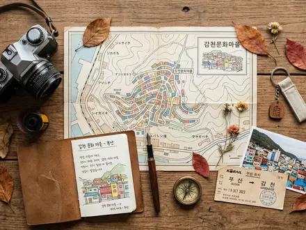 Flatlay-Reise-Arrangement rund um Gamcheon Culture Village in Busan Sudkorea, Karte Kompass Kamera und generische Reiserequisiten - Foto: THN