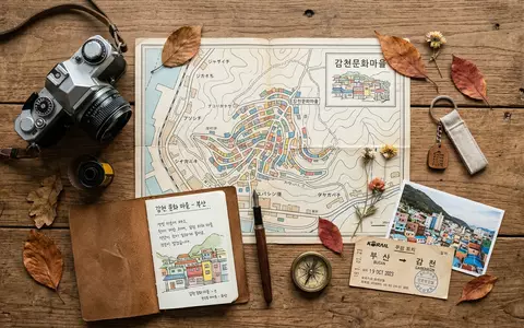 Flatlay-Reise-Arrangement rund um Gamcheon Culture Village in Busan Sudkorea, Karte Kompass Kamera und generische Reiserequisiten - Foto: THN