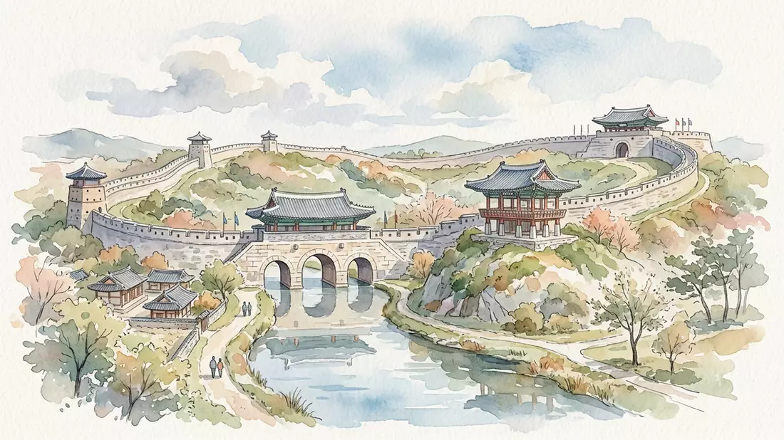 Aquarell-Illustration von Hwaseong-Festung Suwon in Suwon, Sudkorea als Reiseposter