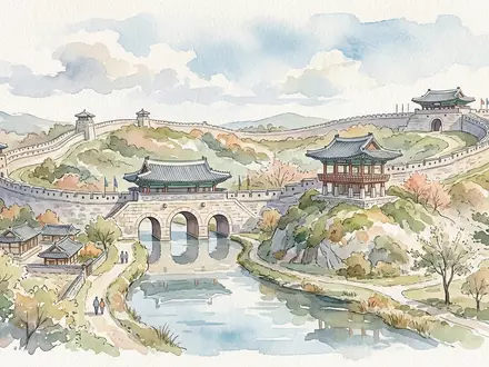 Aquarellillustration des Wahrzeichens Hwaseong-Festung Suwon in Suwon Sudkorea, weiche Farbverläufe und pastelliges Reiseposter-Feeling - Foto: THN