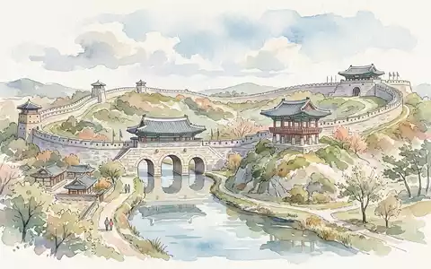 Aquarellillustration des Wahrzeichens Hwaseong-Festung Suwon in Suwon Sudkorea, weiche Farbverläufe und pastelliges Reiseposter-Feeling - Foto: THN