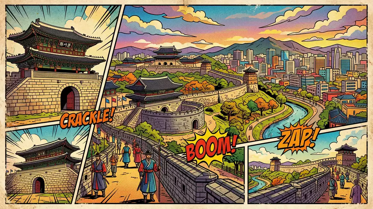 Pop-Art-Comic von Hwaseong-Festung Suwon in Suwon, Sudkorea mit Rasterpunkten