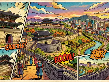 Pop-Art-Comicillustration des Wahrzeichens Hwaseong-Festung Suwon in Suwon Sudkorea, kraeftige Konturen Rasterpunkte und satte Farben - Foto: THN