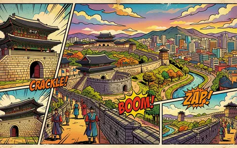 Pop-Art-Comicillustration des Wahrzeichens Hwaseong-Festung Suwon in Suwon Sudkorea, kraeftige Konturen Rasterpunkte und satte Farben - Foto: THN