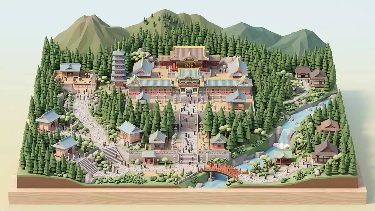Isometrisches Diorama von Toshogu-Schrein Nikko in Nikko, Japan in Pastell