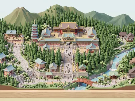 Isometrisches Diorama von Toshogu-Schrein Nikko und Umgebung in Nikko Japan, verspielte Low-Poly-Kulisse in Pastellfarben - Foto: THN