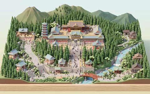 Isometrisches Diorama von Toshogu-Schrein Nikko und Umgebung in Nikko Japan, verspielte Low-Poly-Kulisse in Pastellfarben - Foto: THN