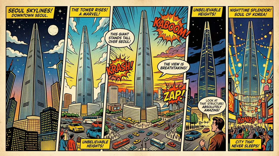 Pop-Art-Comic von Lotte World Tower in Seoul, Sudkorea mit Rasterpunkten