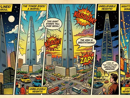 Pop-Art-Comicillustration des Wahrzeichens Lotte World Tower in Seoul Sudkorea, kraeftige Konturen Rasterpunkte und satte Farben - Foto: THN