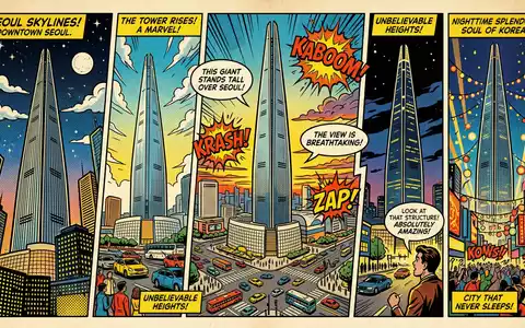 Pop-Art-Comicillustration des Wahrzeichens Lotte World Tower in Seoul Sudkorea, kraeftige Konturen Rasterpunkte und satte Farben - Foto: THN