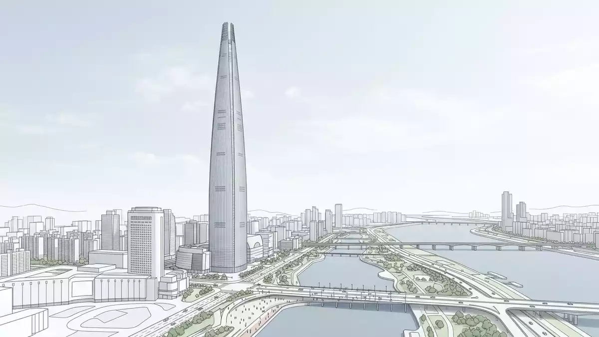 Architektur-Render von Lotte World Tower in Seoul, Sudkorea bei Tageslicht