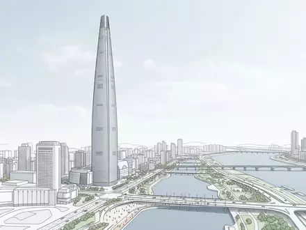 Moderner Architektur-Render zeigt Silhouette von Lotte World Tower in Seoul Sudkorea, klare Linien und neutrales - Foto: THN