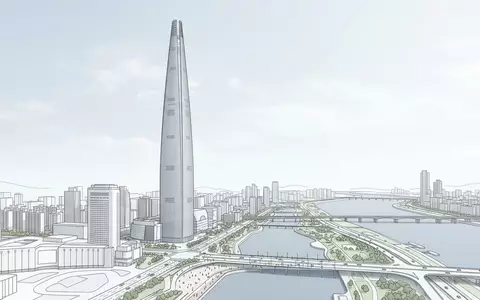 Moderner Architektur-Render zeigt Silhouette von Lotte World Tower in Seoul Sudkorea, klare Linien und neutrales - Foto: THN