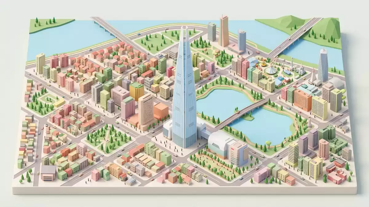 Isometrisches Diorama von Lotte World Tower in Seoul, Sudkorea in Pastell