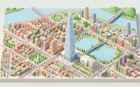 Isometrisches Diorama von Lotte World Tower und Umgebung in Seoul Sudkorea, verspielte Low-Poly-Kulisse in Pastellfarben - Foto: THN