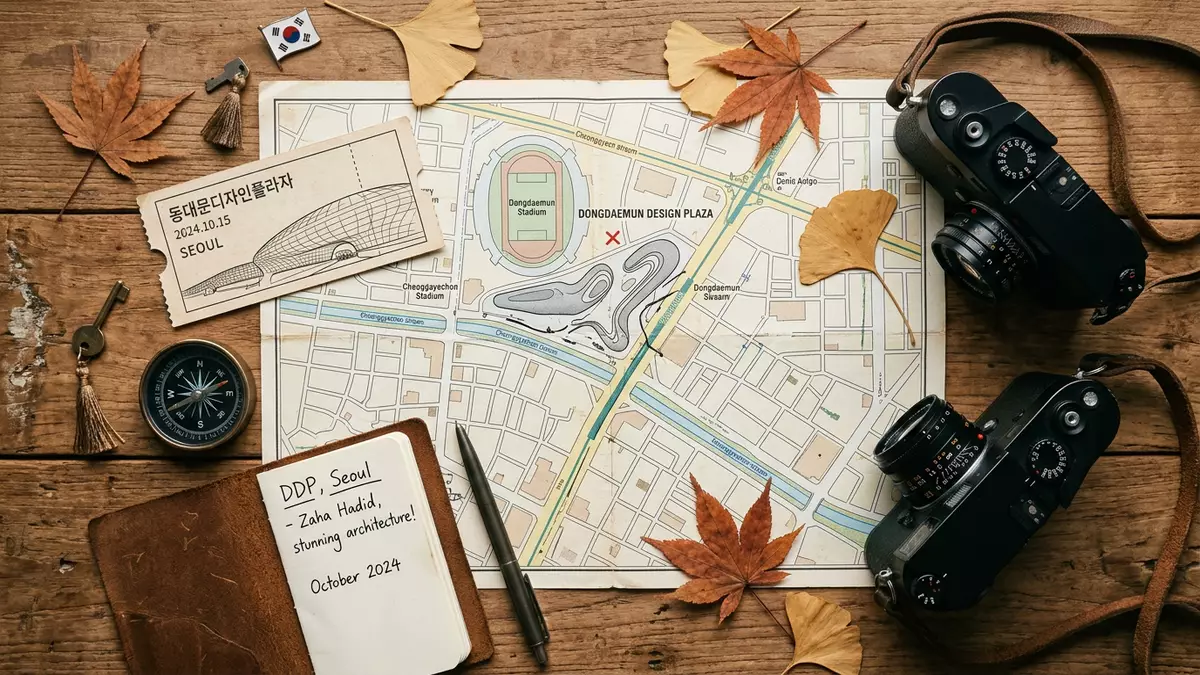 Flatlay-Reise-Arrangement rund um Dongdaemun Design Plaza in Seoul, Sudkorea