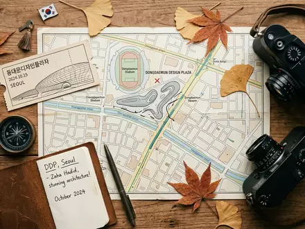 Flatlay-Reise-Arrangement rund um Dongdaemun Design Plaza in Seoul Sudkorea, Karte Kompass Kamera und generische Reiserequisiten - Foto: THN