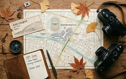 Flatlay-Reise-Arrangement rund um Dongdaemun Design Plaza in Seoul Sudkorea, Karte Kompass Kamera und generische Reiserequisiten - Foto: THN