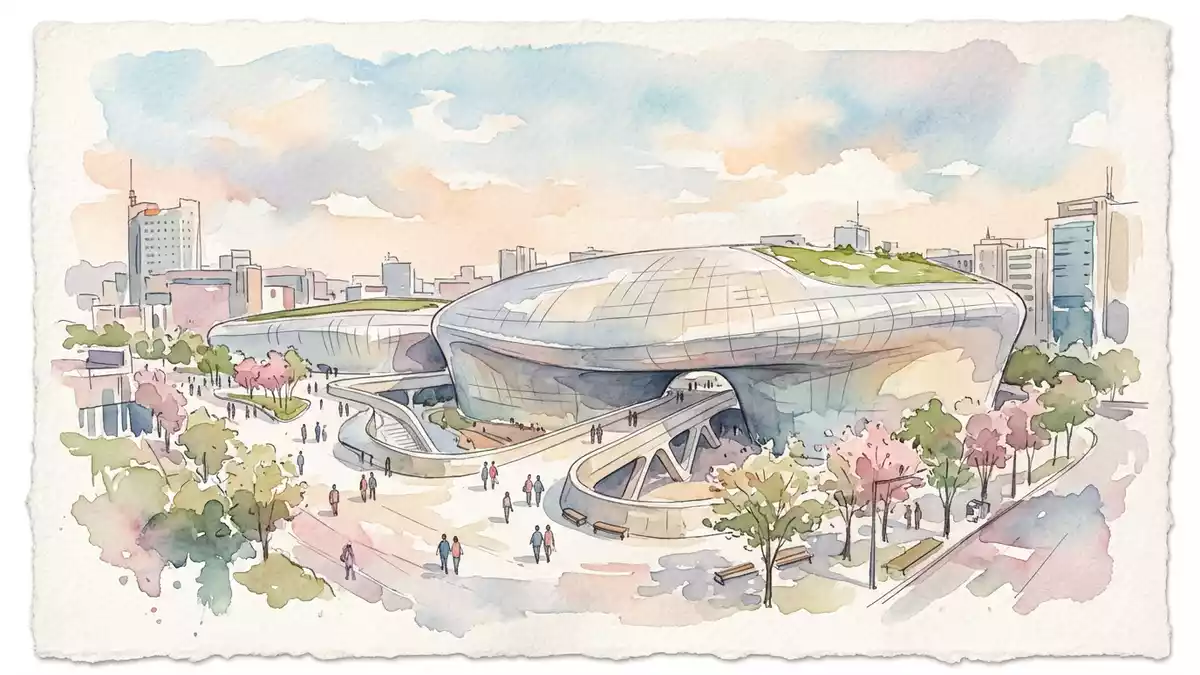 Aquarell-Illustration von Dongdaemun Design Plaza in Seoul, Sudkorea als Reiseposter