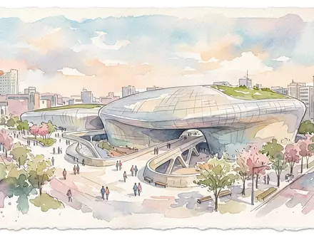 Aquarellillustration des Wahrzeichens Dongdaemun Design Plaza in Seoul Sudkorea, weiche Farbverläufe und pastelliges Reiseposter-Feeling - Foto: THN