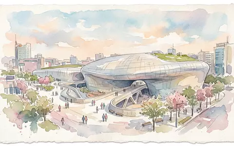 Aquarellillustration des Wahrzeichens Dongdaemun Design Plaza in Seoul Sudkorea, weiche Farbverläufe und pastelliges Reiseposter-Feeling - Foto: THN