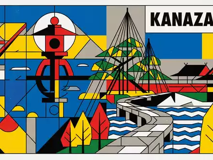 Bauhaus-Poster als geometrische Abstraktion von Kenroku-en Kanazawa in Kanazawa Japan, kraeftige Grundfarben und harte Formkanten - Foto: THN