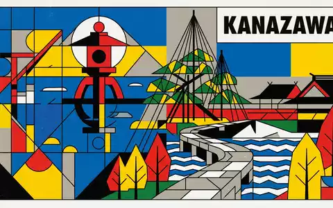 Bauhaus-Poster als geometrische Abstraktion von Kenroku-en Kanazawa in Kanazawa Japan, kraeftige Grundfarben und harte Formkanten - Foto: THN