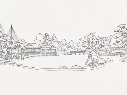Moderner Architektur-Render zeigt Silhouette von Kenroku-en Kanazawa in Kanazawa Japan, klare Linien und neutrales Tageslicht - Foto: THN