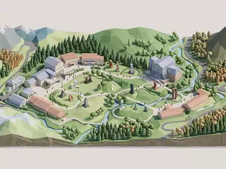 Isometrisches Diorama von Hakone Open-Air Museum und Umgebung in Hakone Japan, verspielte Low-Poly-Kulisse in Pastellfarben - Foto: THN