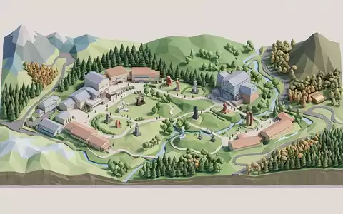 Isometrisches Diorama von Hakone Open-Air Museum und Umgebung in Hakone Japan, verspielte Low-Poly-Kulisse in Pastellfarben - Foto: THN