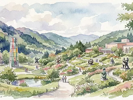 Aquarellillustration des Wahrzeichens Hakone Open-Air Museum in Hakone Japan, weiche Farbverläufe und pastelliges Reiseposter-Feeling - Foto: THN