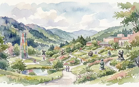 Aquarellillustration des Wahrzeichens Hakone Open-Air Museum in Hakone Japan, weiche Farbverläufe und pastelliges Reiseposter-Feeling - Foto: THN