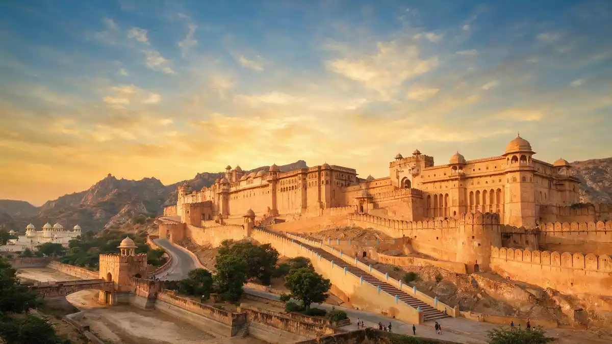 Fotorealistische Ansicht von Amber Fort Jaipur in Jaipur, Indien im Abendlicht