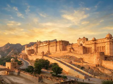 Fotorealistische Panoramaaufnahme von Amber Fort Jaipur in Jaipur Indien, warmes Abendlicht auf Wahrzeichen - Foto: THN