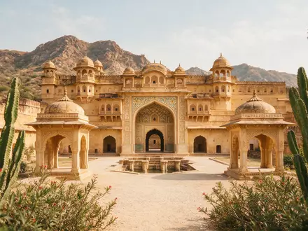 Editorialbild im Reisemagazin-Stil vom Wahrzeichen Amber Fort Jaipur in Jaipur Indien, ausgewogene Bildgestaltung und natuerliches - Foto: THN