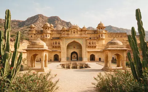 Editorialbild im Reisemagazin-Stil vom Wahrzeichen Amber Fort Jaipur in Jaipur Indien, ausgewogene Bildgestaltung und natuerliches - Foto: THN