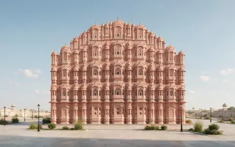Moderner Architektur-Render zeigt Silhouette von Hawa Mahal Jaipur in Jaipur Indien, klare Linien und neutrales - Foto: THN