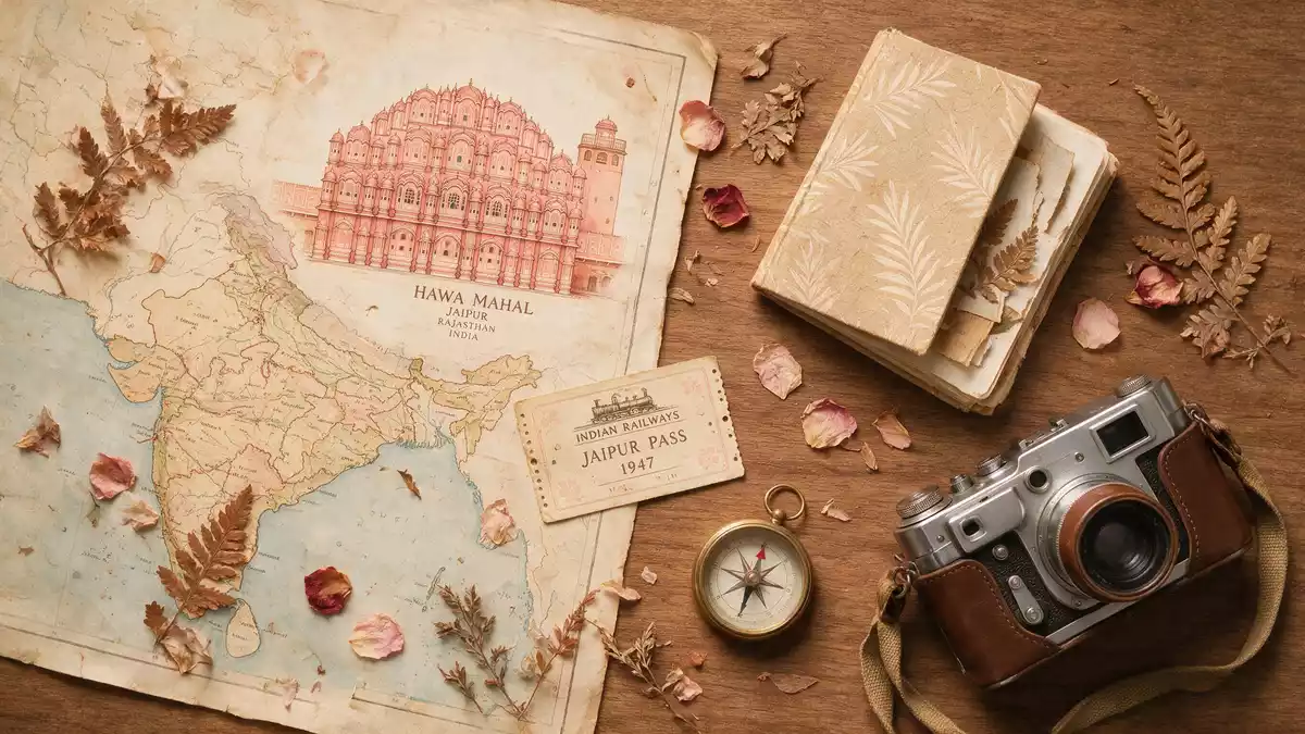Flatlay-Reise-Arrangement rund um Hawa Mahal Jaipur in Jaipur, Indien