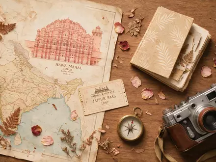 Flatlay-Reise-Arrangement rund um Hawa Mahal Jaipur in Jaipur Indien, Karte Kompass Kamera und generische Reiserequisiten - Foto: THN