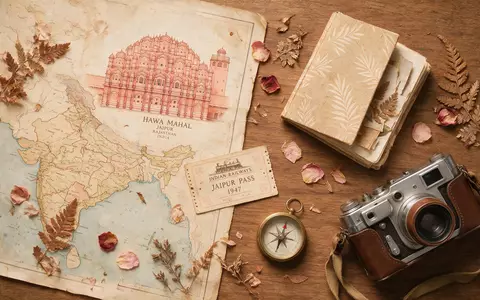 Flatlay-Reise-Arrangement rund um Hawa Mahal Jaipur in Jaipur Indien, Karte Kompass Kamera und generische Reiserequisiten - Foto: THN