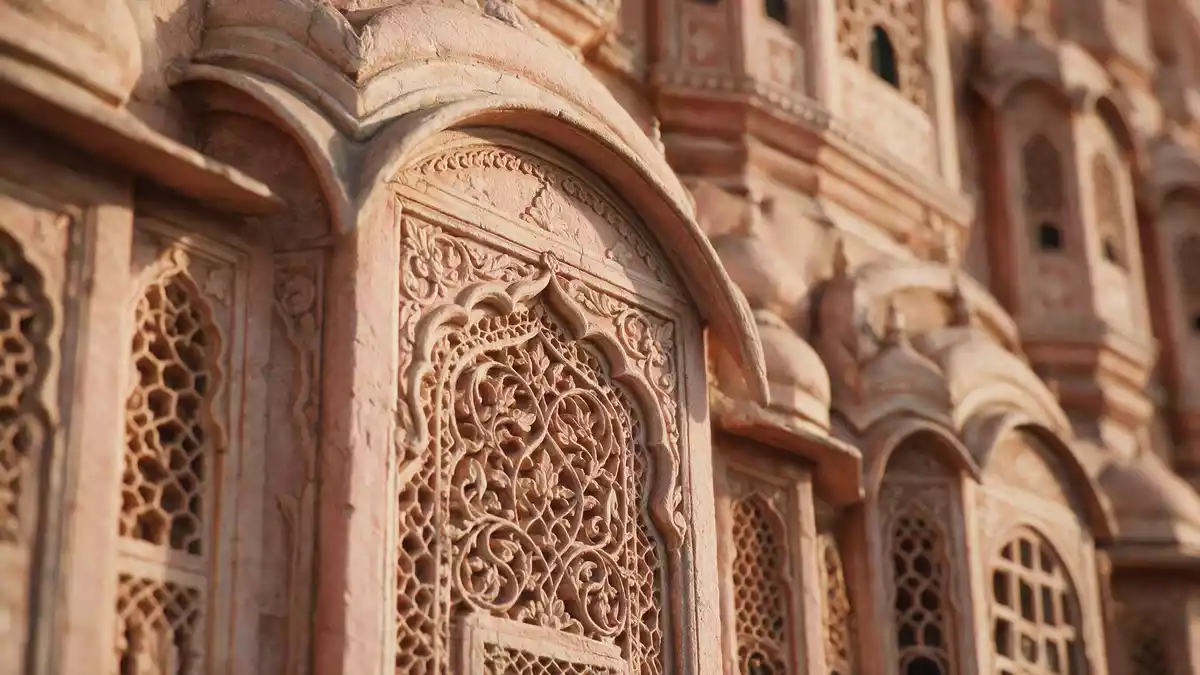 Makroaufnahme eines Materialdetails am Wahrzeichen Hawa Mahal Jaipur, Jaipur Indien