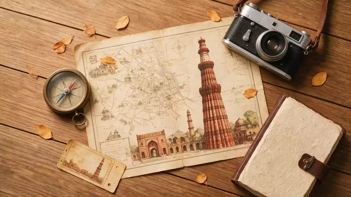 Flatlay-Reise-Arrangement rund um Qutb Minar Delhi in Delhi, Indien